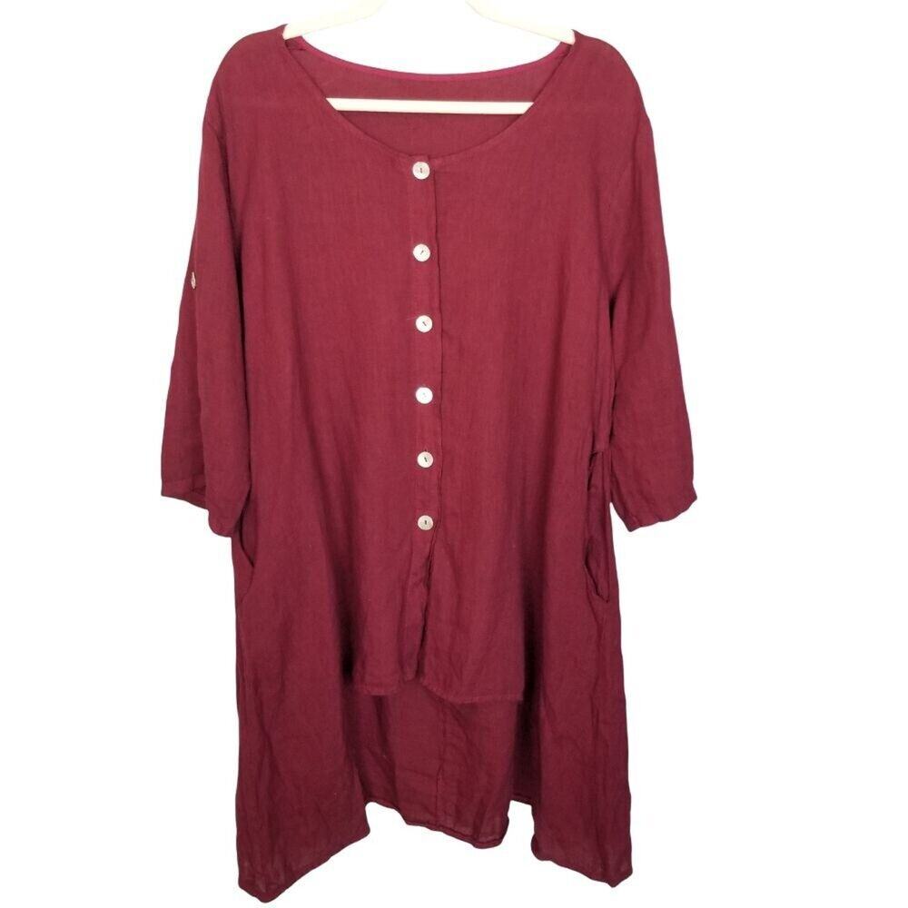 100% Linen Blouse Women L/XL Red Lagenlook Resort Coastal Euro Summer Travel